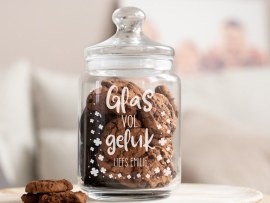 Koekjespot met gravure glas vol gluk